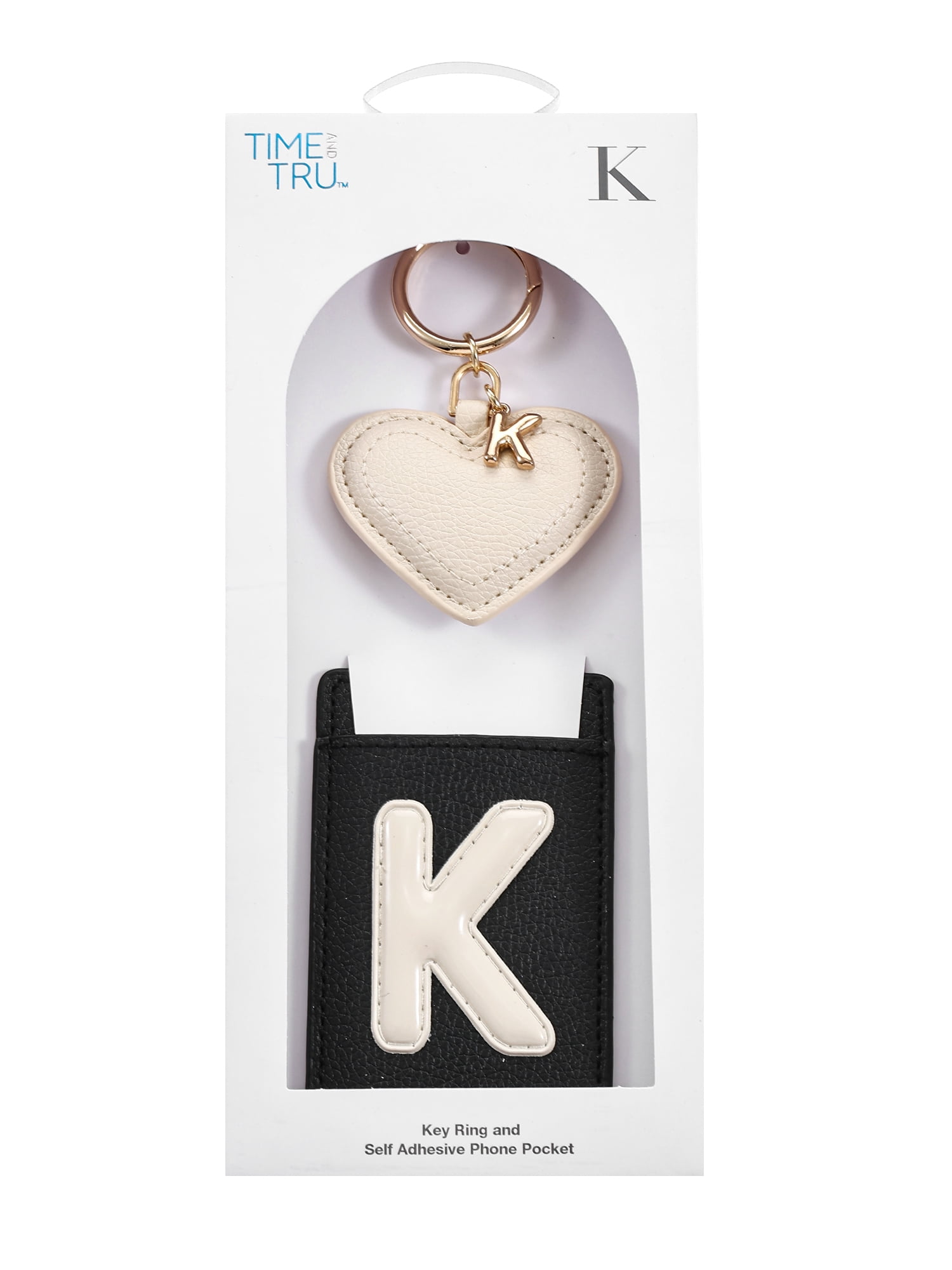 Time and Tru Goldtone and Faux Leather Heart-Shaped Keyring and Adhesive Phone Wallet, Initial Letter K, 2 Pieces, Black and Ivory