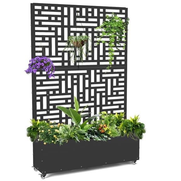 FOOWIN 71'' H Metal Planter with Trellis, Outdoor Raised Garden Bed for Climbing Plants, Trellis Planter Box with Drainage Hole, Black