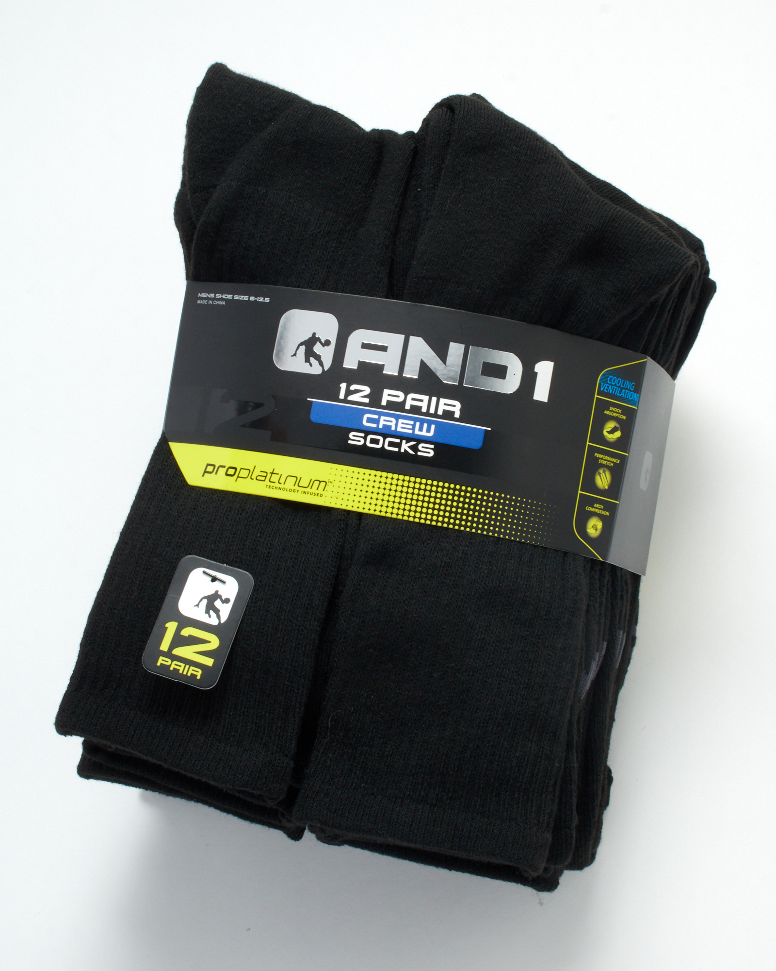 AND1 Men's Cushion Crew Socks, 12-Pack, Black photo 2