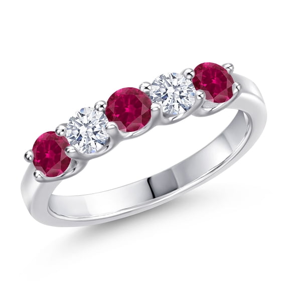 Gem Stone King 925 Sterling Silver Red Created Ruby and White Zirconia Wedding-Bands Ring for Women | 1.40 Cttw | Round 3.5MM | Gemstone July Birthstone | Size 9