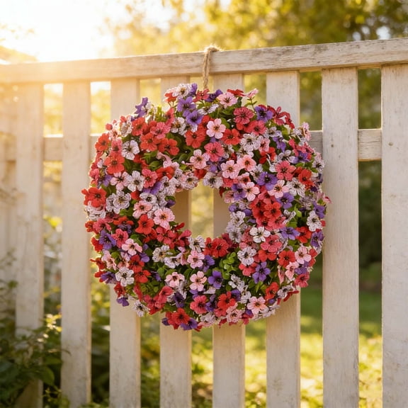 Artificial Eucalyptus Wreath Spring Summer Door Decor, Realistic Green Leaves Violet Floral Garland Durable Fade Resistant, Farmhouse Hanging Wreath for Front Door Wall Porch