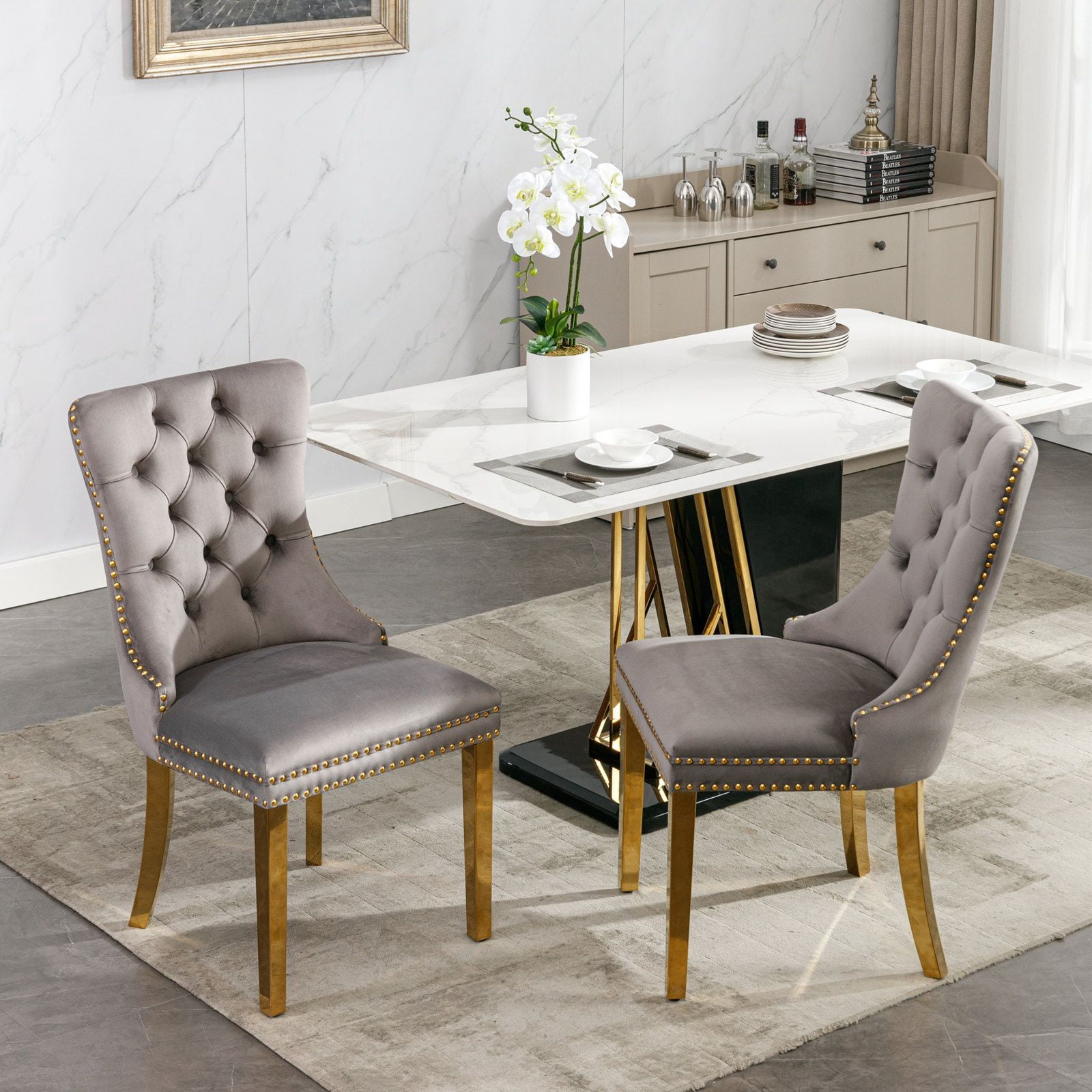 Dining Room Chairs with Velvet Fabric Dining Chairs with Golden Stainless Steel Plating Legs, Backrest and Button Velvet Fabric Design,Luxury Home Furniture for Dining Room(Gray Set of 6)