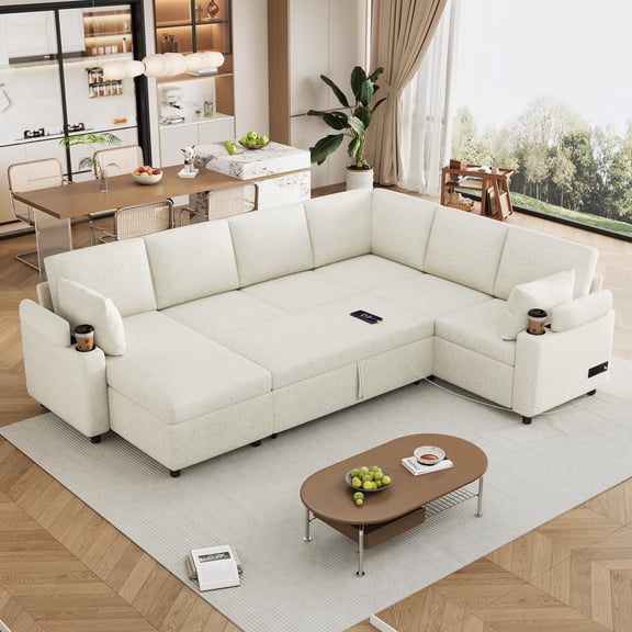 109.9" U-Shaped Sectional Sofa Bed in Beige Chenille Fabric with Storage Chaise, Built-In Cup Holders, USB Charging Ports, Convertible Sleeper for Living Room