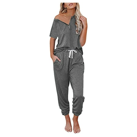 

Sweat Suits For Womens Women Fashion V-Neck Solid Pullover Short Sleeve Bandage Loose Pants Sweatsuits Womens Pajama Sets Polyester