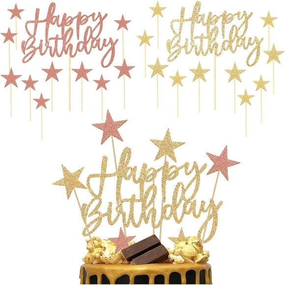 22 Pcs Birthday Cake Decoration Gold Glitter Happy Birthday Cake Toppers with Star for Girl Kid Women Party Decor Supplies (Rose Gold & Gold)