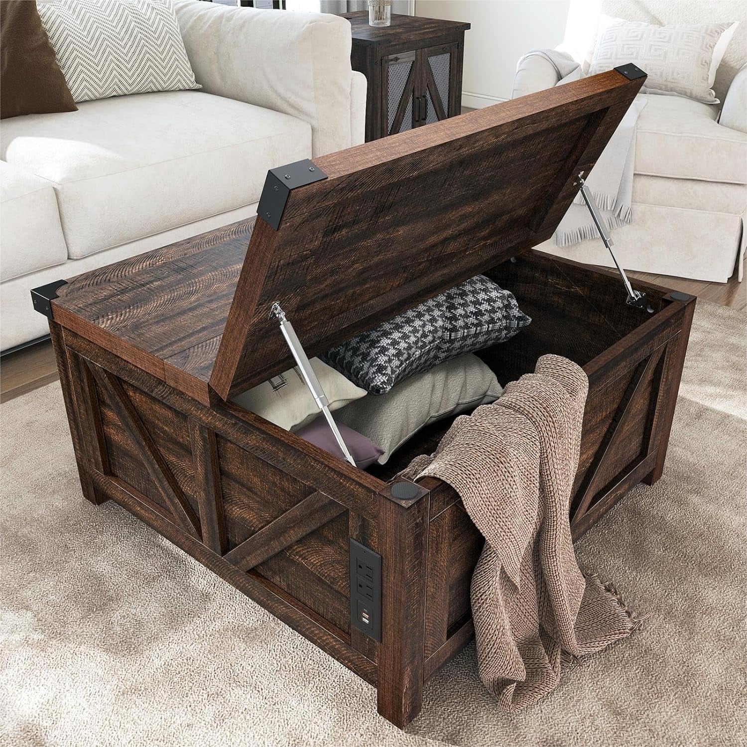 35.6" Farmhouse Lift Top Coffee Table with Charging Ports,Large Square Coffee Table with Storage, Wood Center Table w/Large Hidden Space for Living Room Home Office,Brown