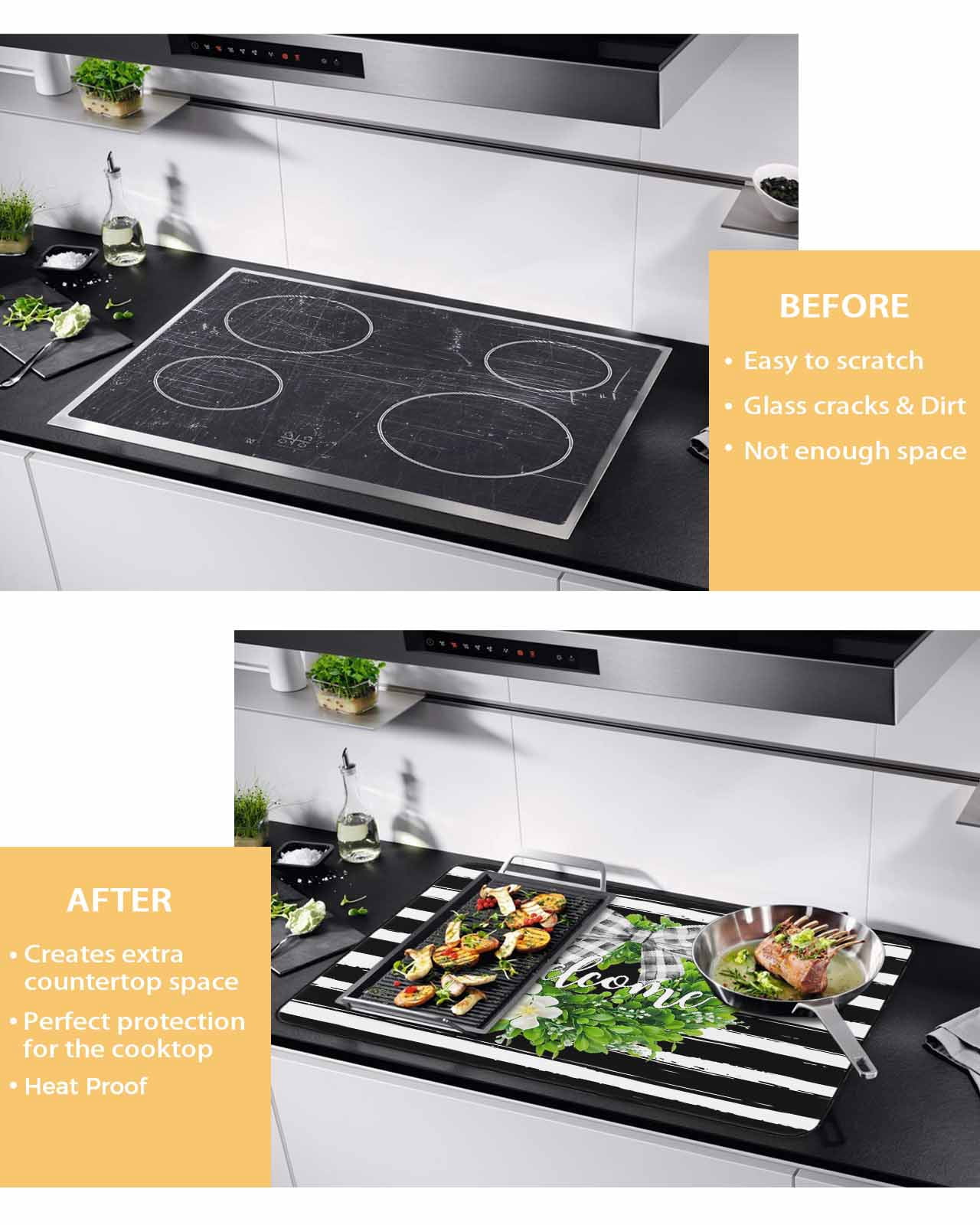Large Induction Cooktop Protector Mat Flower Wreath Stove Top Covers for Electric Stove, Farmhouses Bow-Knot Black Stripes Decorative Stove Burner Cover Mats, Glass Top Stove Cover
