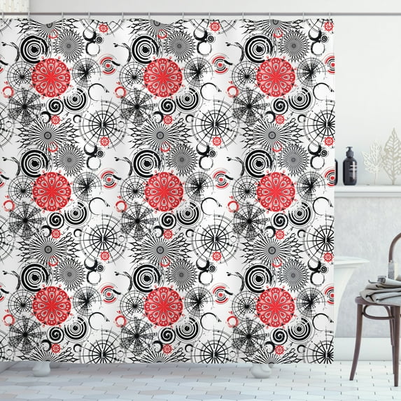 Ambesonne Grunge Shower Curtain, Mandala Rounds, 69"Wx84"L, Vermilion Black White