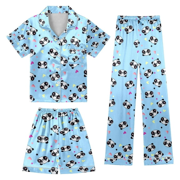 Girls Pajamas 3 Piece Set Size 7-8 Button-Down Pjs Short Sleeve Top Shorts & Long Pants Cute HeartValentine's Day Pajama Outfit with Pockets Loung Sets Silk Nightwear Nighty for Teens