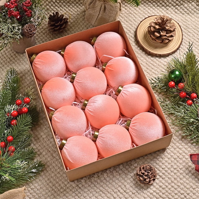 Xiying - Paquete de 12 Adornos Navideños de Terciopelo Flocado, Bolas Colgantes de Plástico Marrón de 8 Cm con Hebilla de Metal para Decorar El Árbol de Navidad.