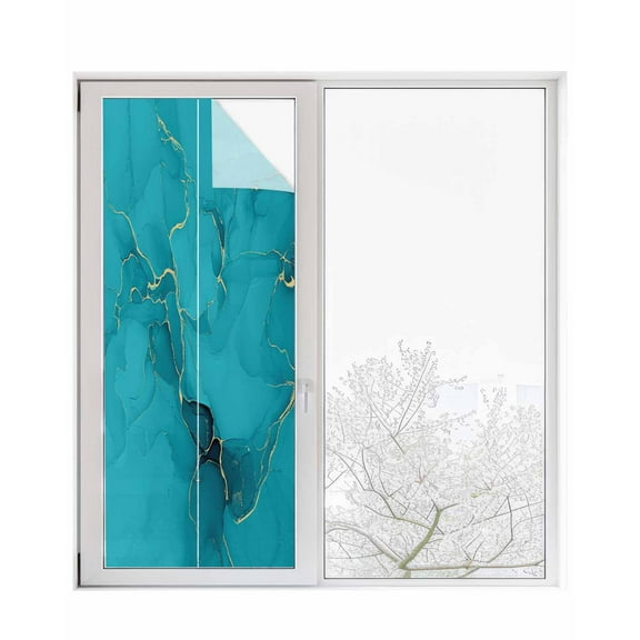 Window Privacy Film Turquoise Marble Stained Glass Window Film Decorative Sun Block Window Cover Minimalist Abstract Golden Fluid Art Window Clings Static Adhesive Sticker for Bathroom 23.6"x59"