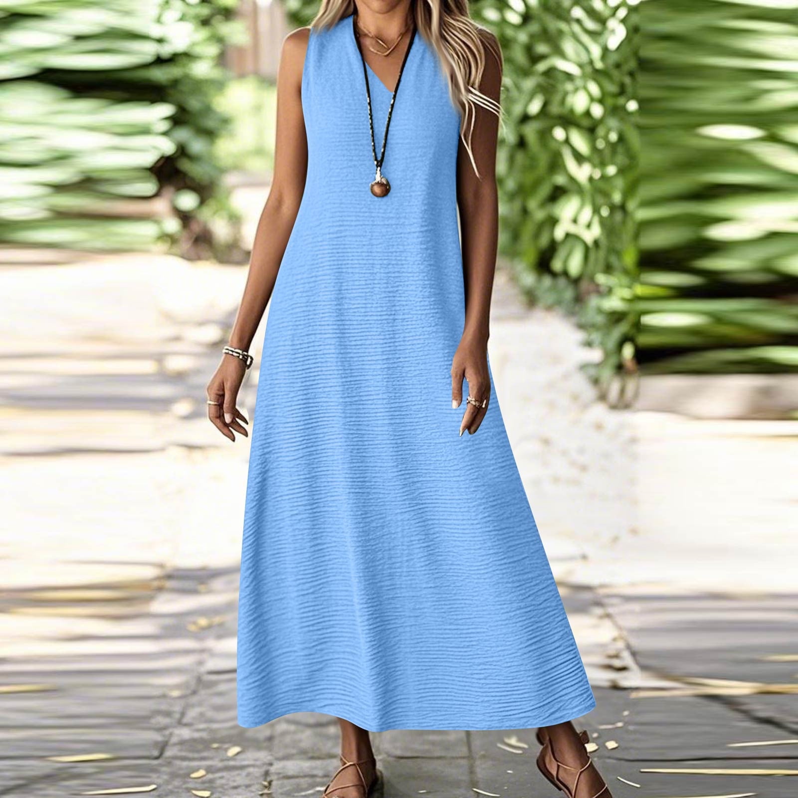 Tianiyouqing Women's Linen Maxi Dresses Sleeveless V Neck Loose