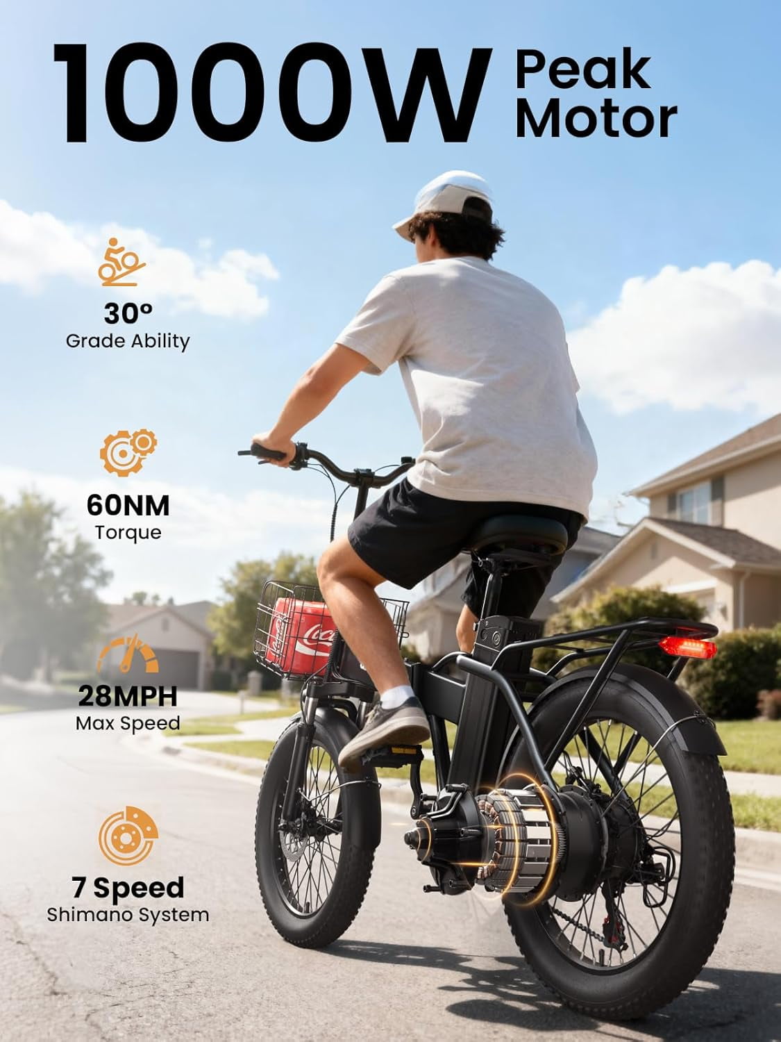 Folding Electric Bikes for Adults 1000W Peak Motor up to 70 Miles Range 28 mph Max Speed 20" x 3.0" Fat Tire Foldable Ebikes 48V 13.5AH Removable Battery 7-Speed E-Mountain Bikes, UL2849 by SGS