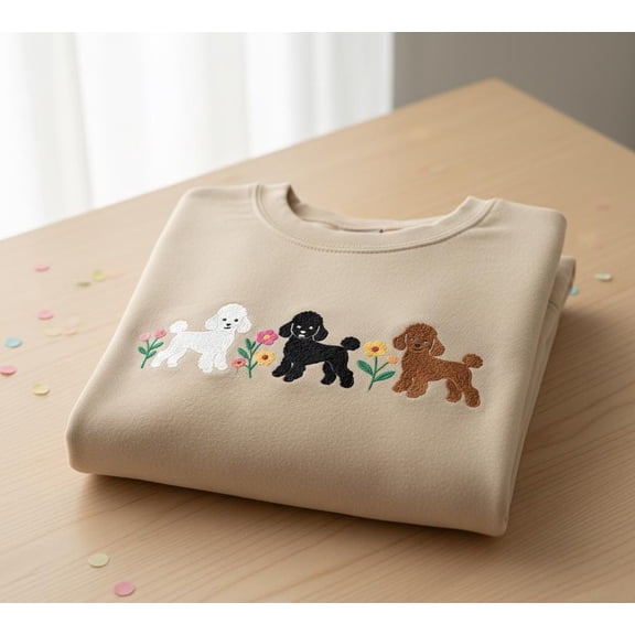 Poodle Embroidered Sweatshirt, Cute Dog Trio Floral Design, Cozy Beige Pet Lover Crewneck