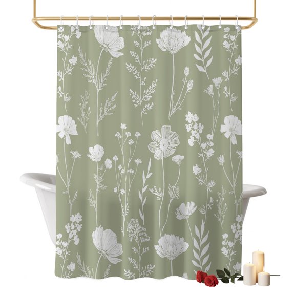 Wildflowers Bathroom Shower Curtains with Hooks, Botanical Leaves Plant Vintage Sage Green Waterproof Fabric Washable Shower Curtain for Home Hotel Bathtub Decor 36x78 Inch