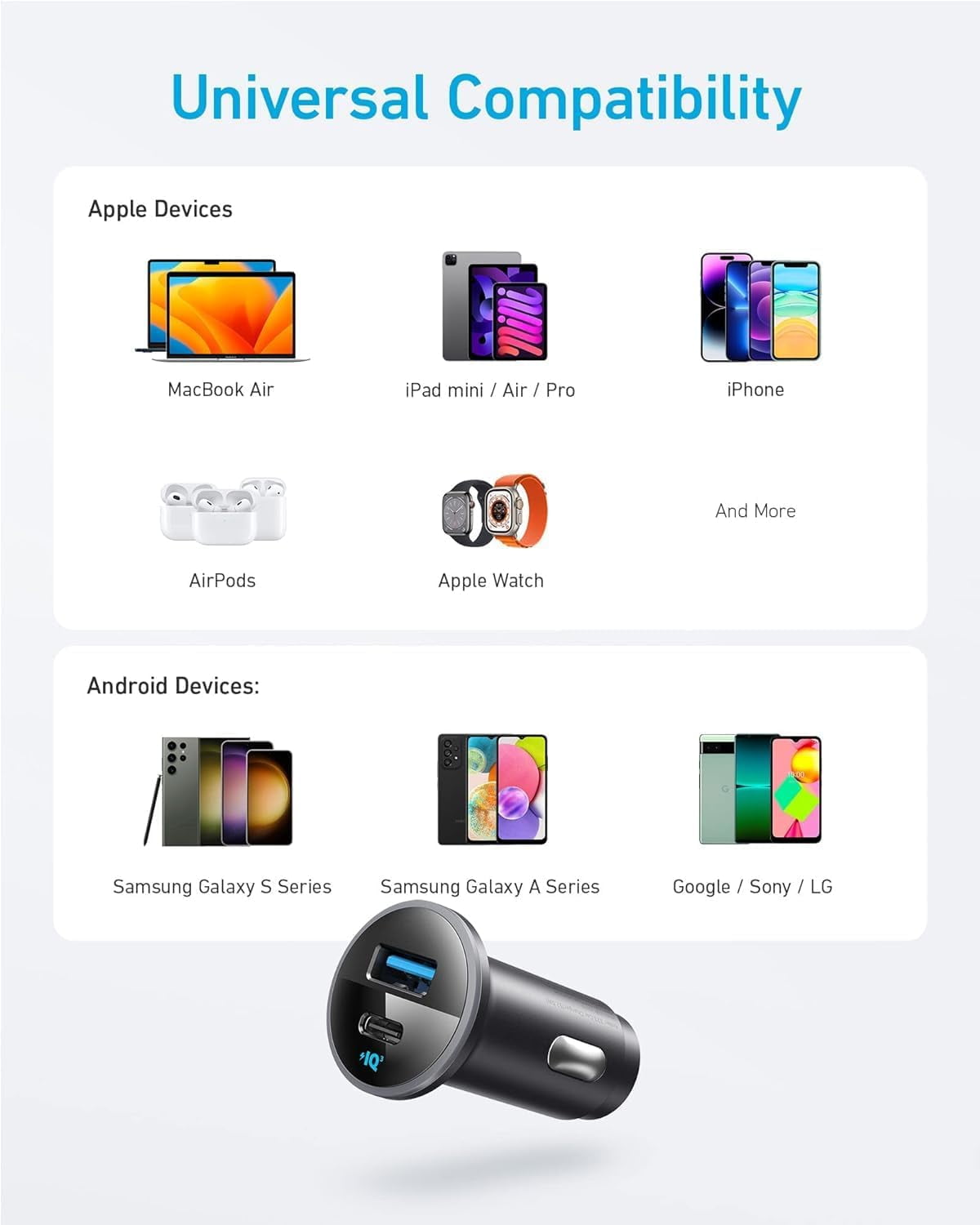Anker 323 USBC Car Charger Adapter, 52.5W Cigarette Lighter Charger with 30W PowerIQ 3.0 Fast Charging for iPhone 17/16/15/14/13/12 Series, Galaxy S25/24, Pixel