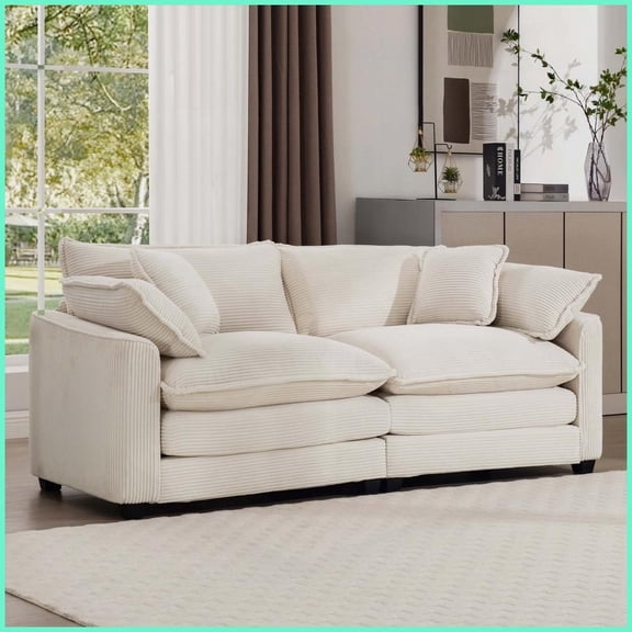 Modern Light Beige Corduroy 2-Seater Loveseat Sofa with 4 Pillows – Deep Seating for Living Room