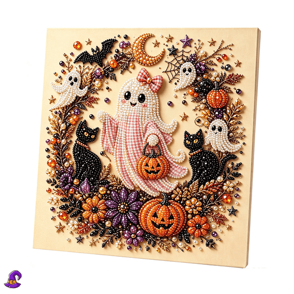 Halloween Ghost Pearl Art DIY Kit, Diamond Painting,Retro Spooky Cute Ghost Pearl Drill Art, Halloween Decor & Summerween Decor,Framed Canvas Seasonal Home Decor & Wall Decor Craft Kit-B