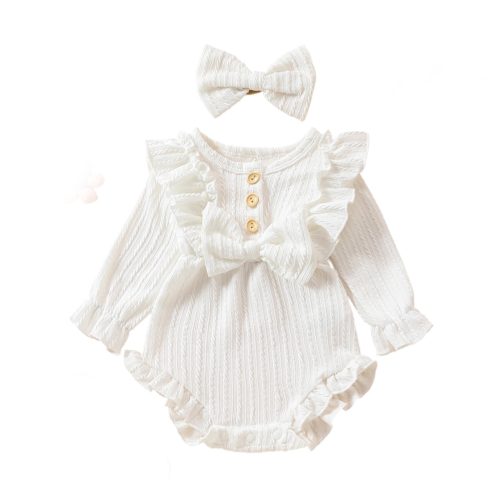 SGMVNU 2-pack Baby Girls Clothes Ruffle Bowknot Bodysuits with Bow Hairband Long Sleeve Button Romper Jumpsuits Outfits Age 9-12 Months, Set B