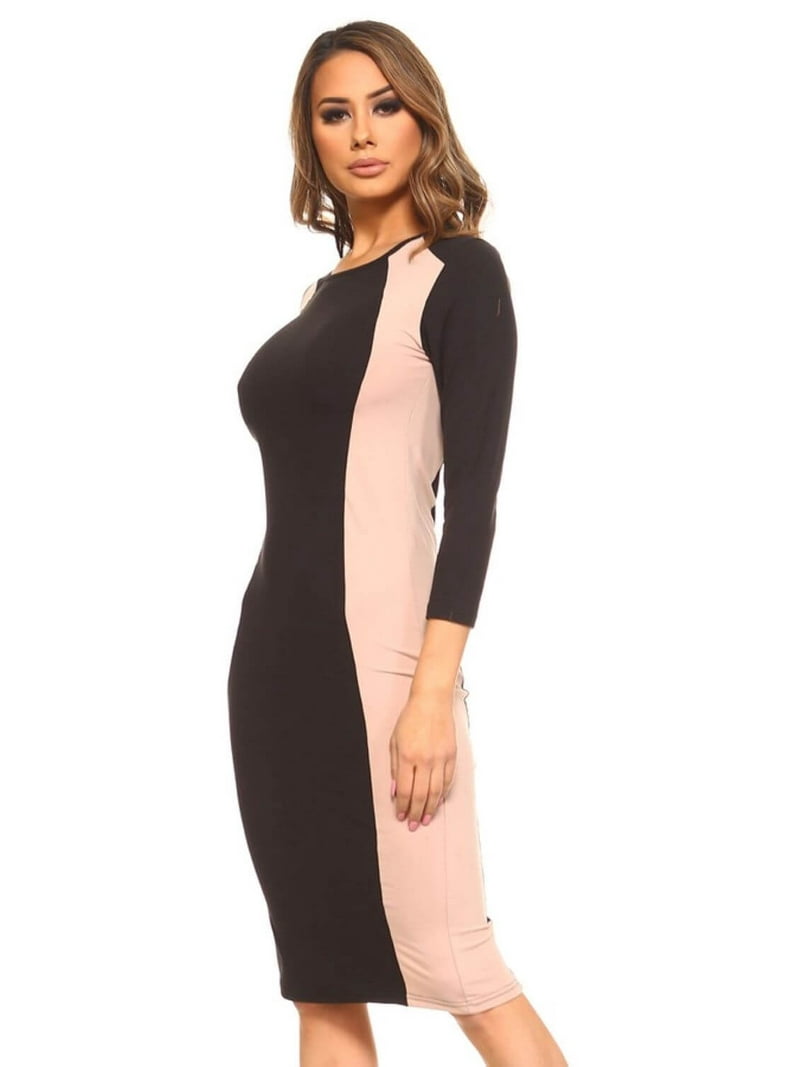 Yelete Women's Color Block Contrast Midi Dress, Black / Camel, M Yelete Women's Color Block Contrast Midi Dress, Black / Camel, M