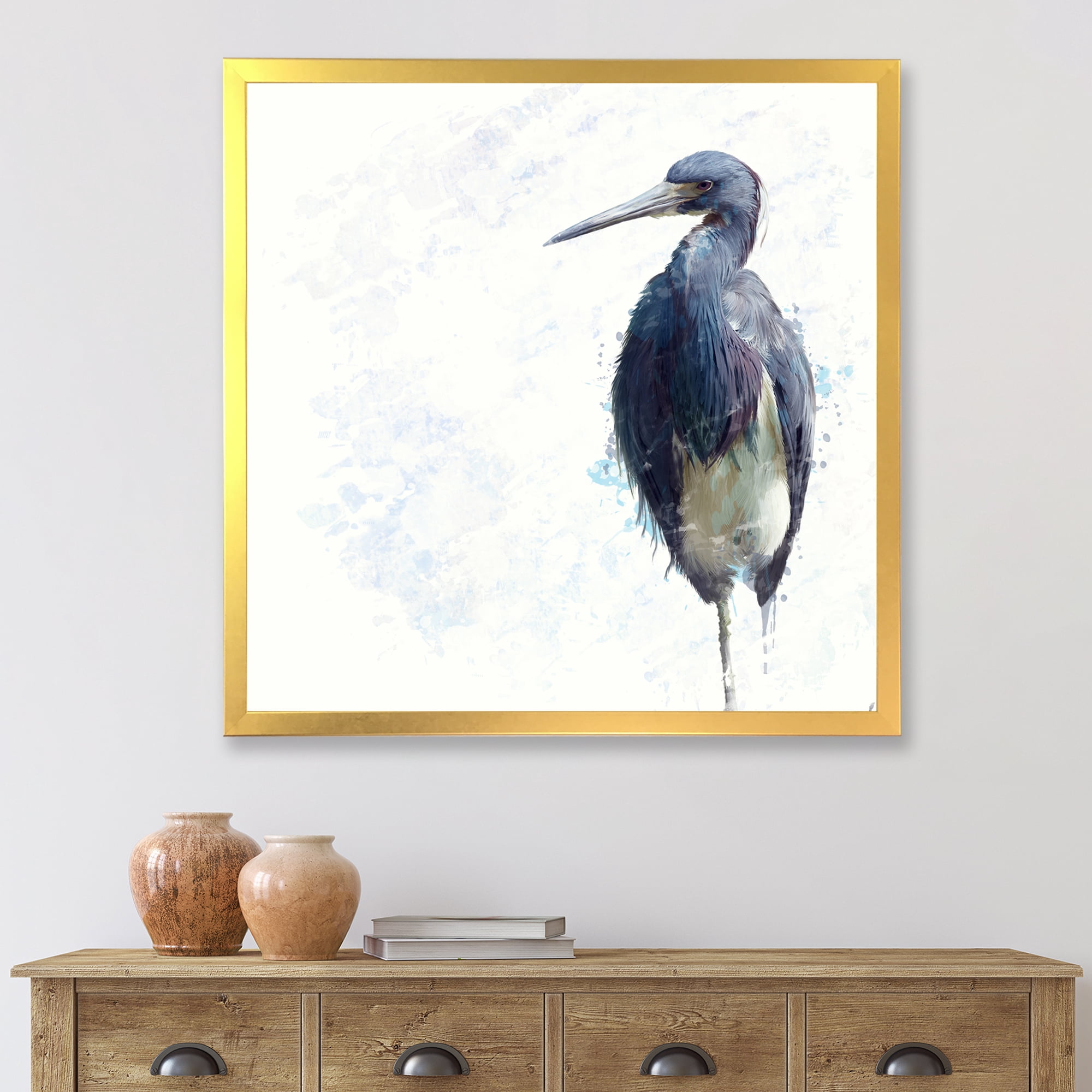 Designart 'Tricolored Heron Bird On White' Farmhouse Framed Art Print