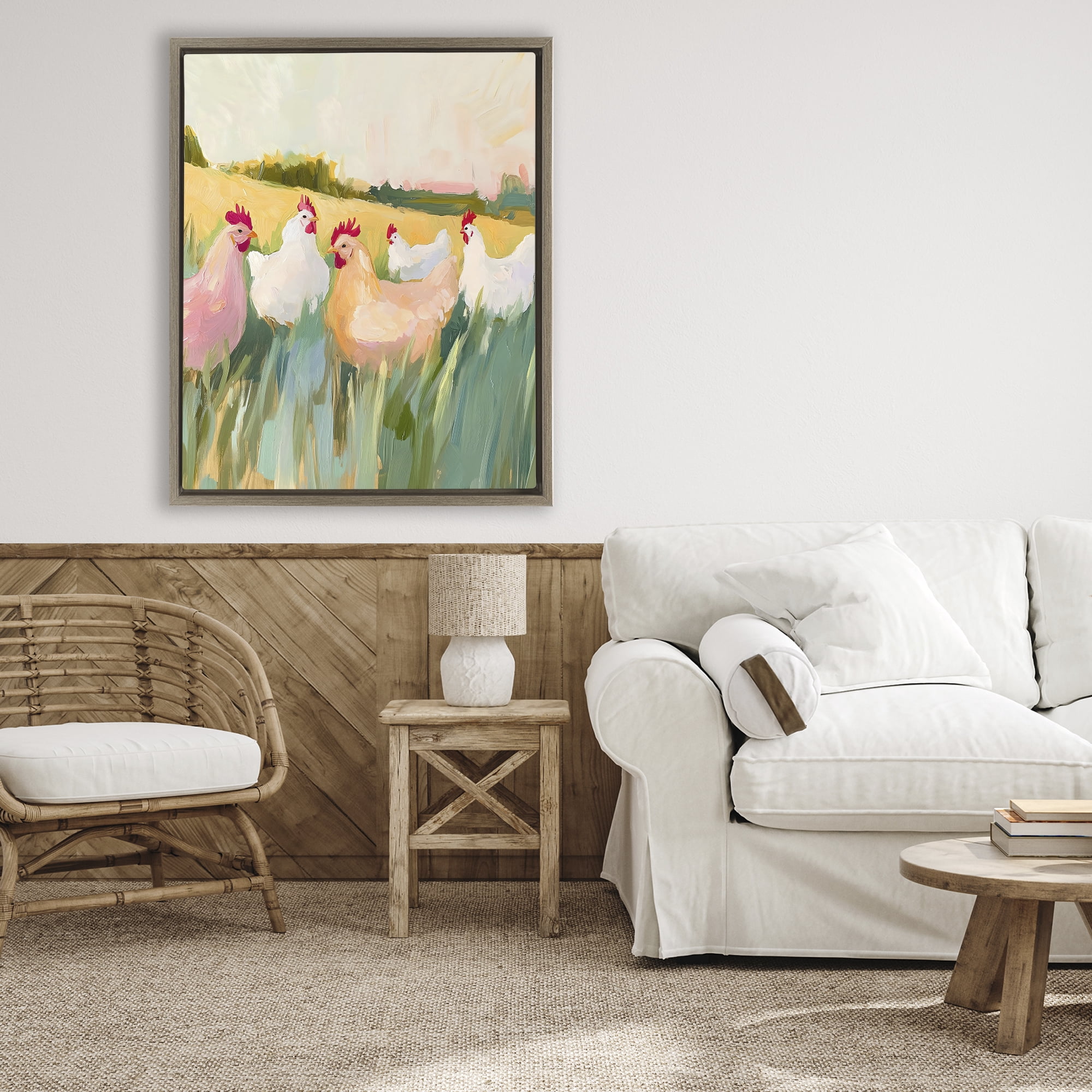 Stupell Industries Sunlit Flock of Chickens Brown Framed Floater Canvas Wall Art, design by The Prints Vibe