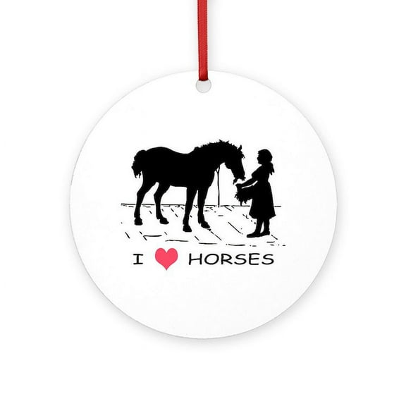 CafePress - I Love Horses W/ Horse & Girl - Round Wood Ornament 4"