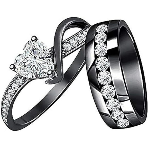 925 Sterling Silver Heart Shape White Diamond 14K Black Gold Over Engagement Wedding Bridal Ring Set Valentine's Gift For Women