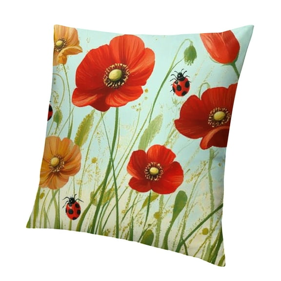 Patifu Red Poppy Flower Throw Pillow Cover Green Grass Pillow Cases Home Decorative Square Pillowcases for Bed Sofa Living Room Farmhouse 12x12in