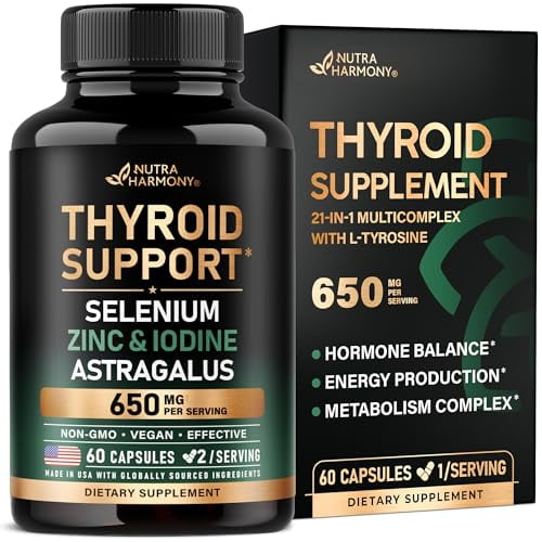 Apoyo tiroideo para mujeres - Astrágalo | Selenio 200 mcg | Zinc y Yodo | L-Tirosina | Hierbas adaptógenas - Antioxidante y apoyo inmunológico 21 en 1 - Vegano, sin OGM, probado en laboratorio - 60 cá