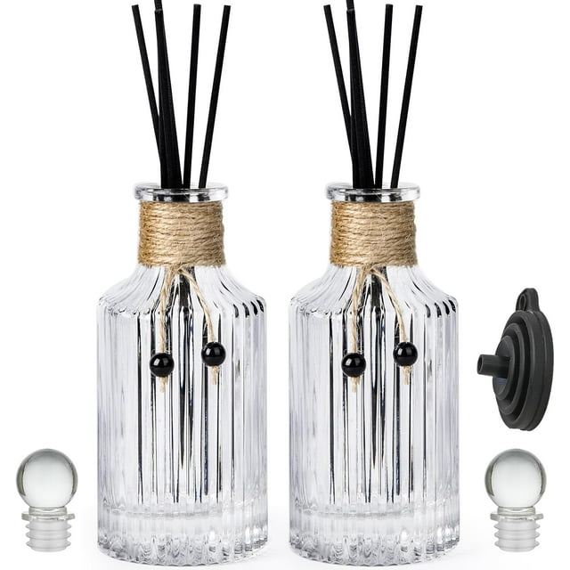 Reed Diffuser Bottle Set of 2 Glass Diffuser Bottles 8oz/250ml Empty Glass Diffuser Bottles with Stoppers and Reed Sticks Clear Decorative Bottle Set Bulk Reusable Perfume Jar
