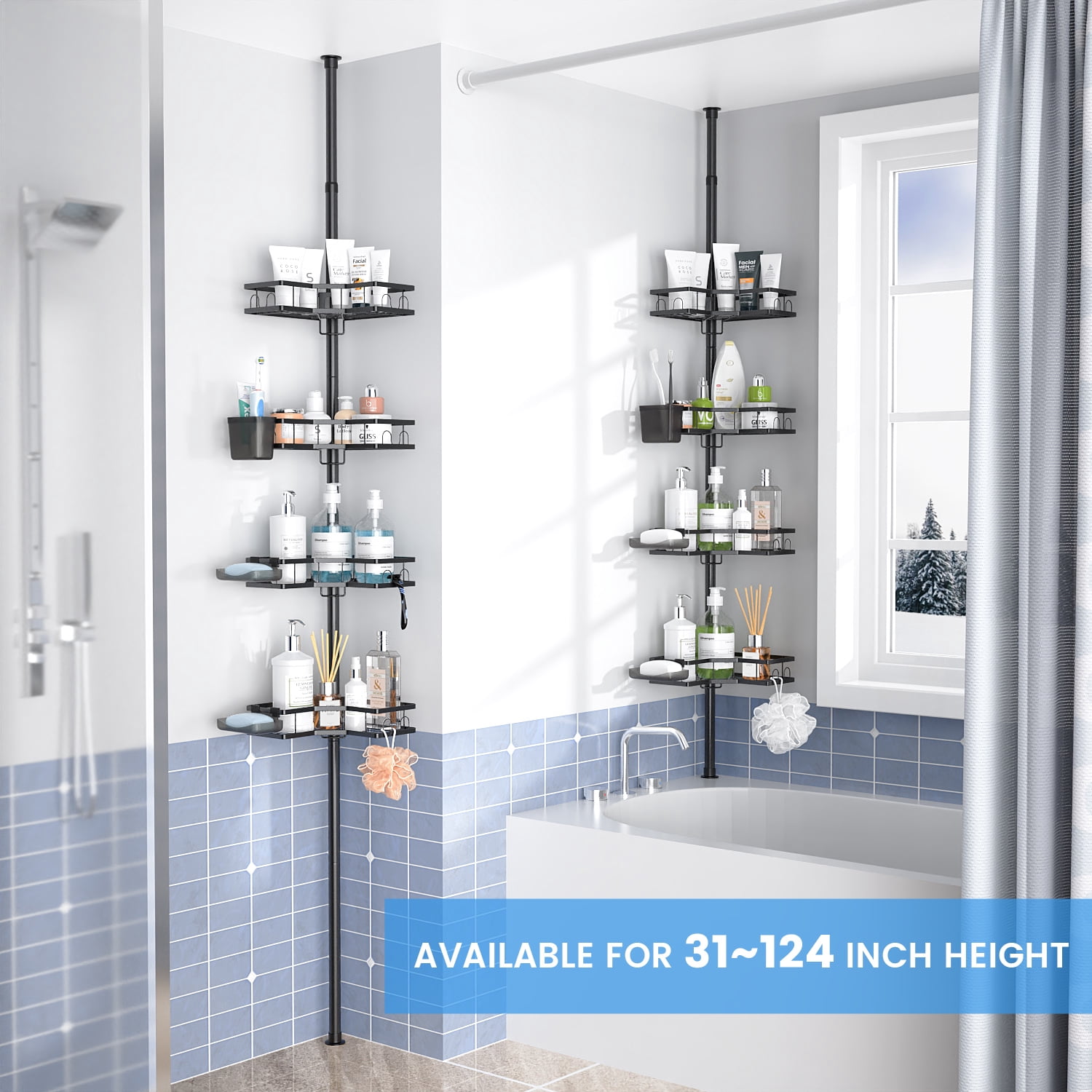 TINANA Shower Caddy with Tension Pole: 4 Tier Adjustable L-shaped Corner Shower Organizer for Bath Essentials, 43.5 to 120 Inch, Black