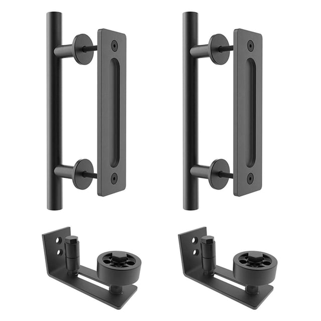 12" Sliding Barn Door Handle Pull And Flush Hardware Set With Barn Door Floor Guide, Rustic Black (2 Set) ,Easy to Carry