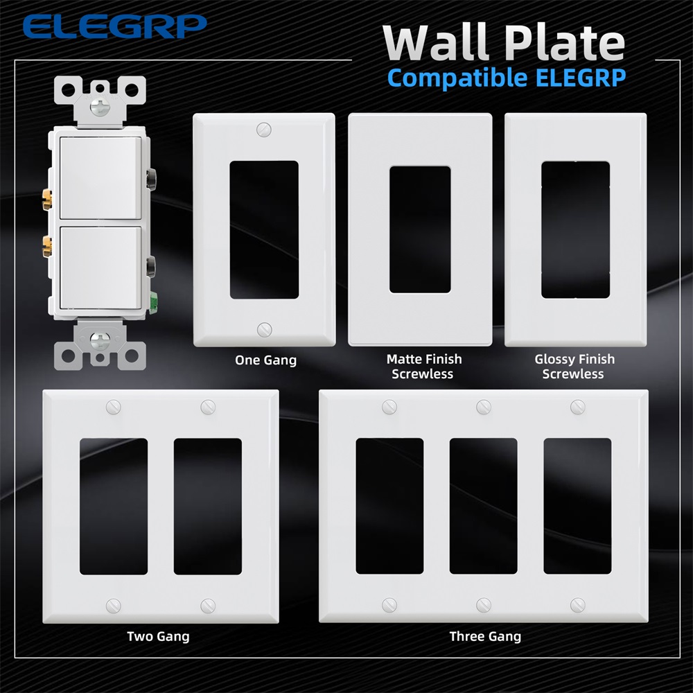 ELEGRP Electrical Switch ELEGRP Double Toggle Light Switch - 2 Single Pole Switches, 15A 120V, Self-Grounding With Wall Plate, Glossy Black Electrical Switches