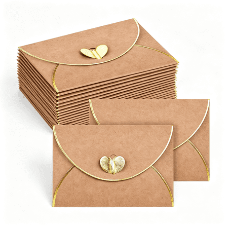 CCOCC 50Pcs Brown Mini Gift Card Envelopes 4 X 2.8 Es|Kraft Paper Envelopes Have Gold-Bordered Heart Clasps and Blank Surfaces for Calligraphy Stickers Or Sketches