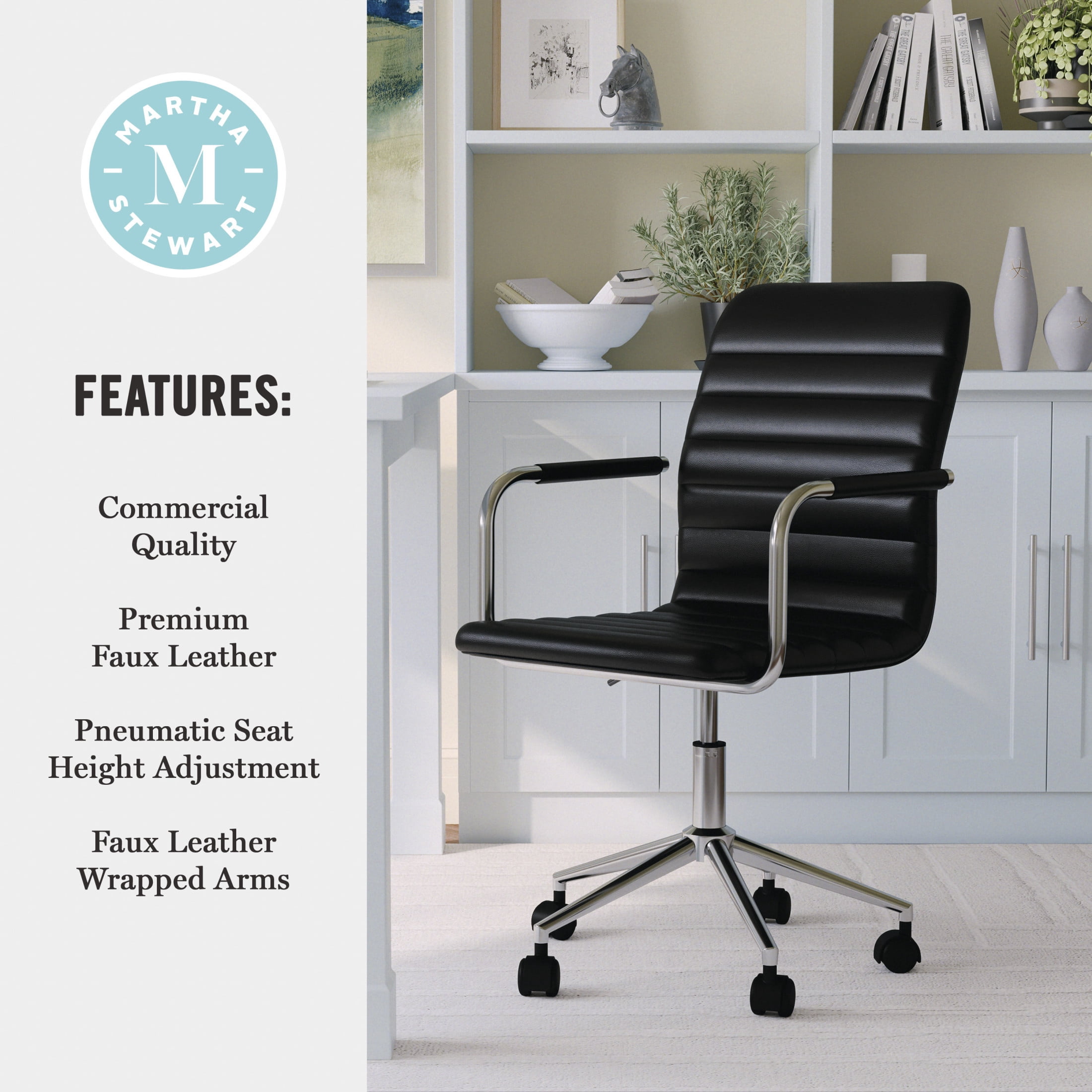 Martha Stewart Taytum Upholstered Office Chair in Black/Polished Nickel