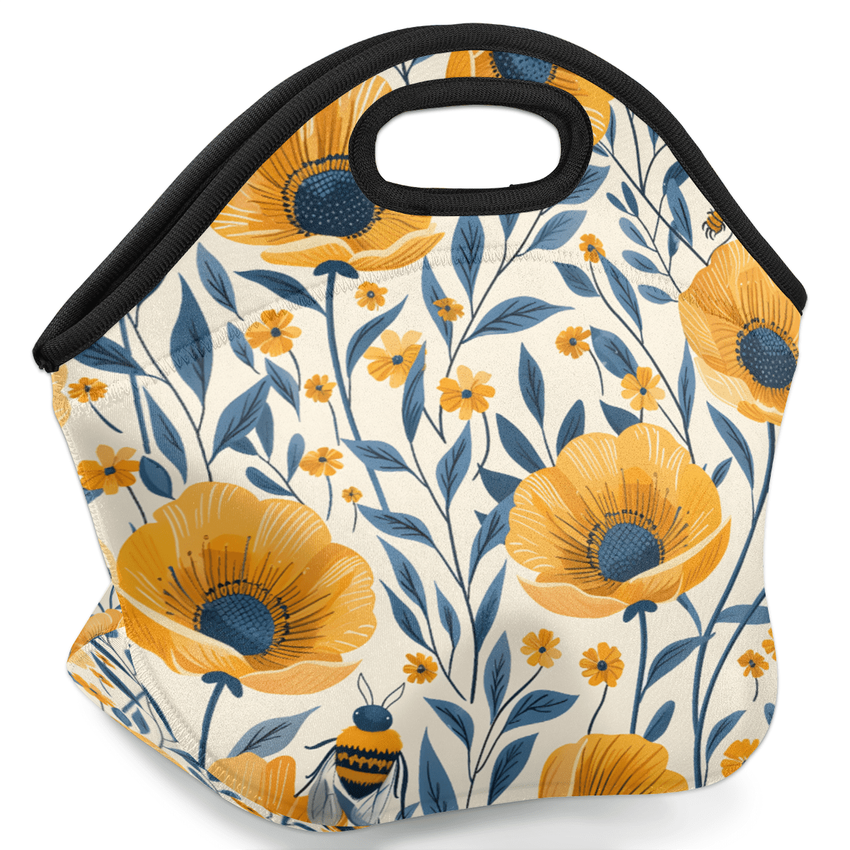 Herdesigns Yellow Floral Neoprene Lunch Bag, Bee Flower Insulated Lunch Box for Women Men Washable Lunch Tote Soft Lunch Container With Zipper for Work Picnic Travel