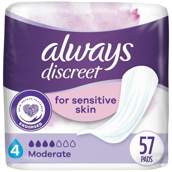 Always Discreet Incontinence Pads for Women with Bladder Leaks, Sensitive Skin Pads Moderate Absorbency, Regular Length, 57 Count