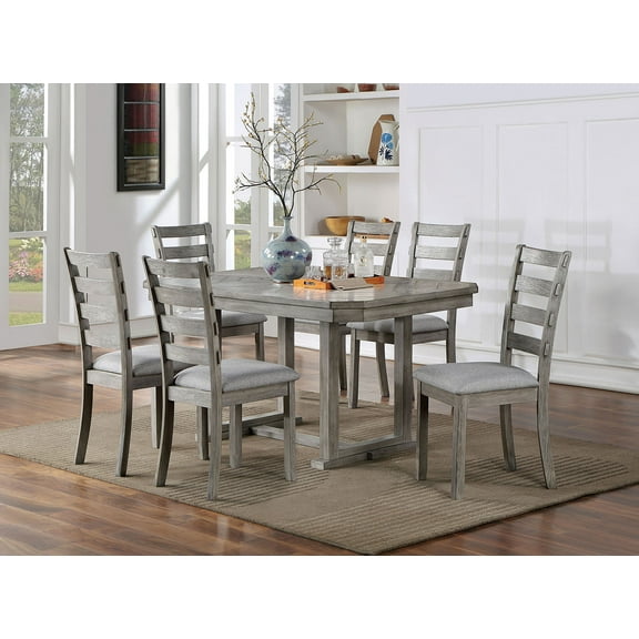 Rustic Style Gray Solidwood Dining Table w Trestle Base 6x Side Chairs Ladder Back 7pc Dining Set