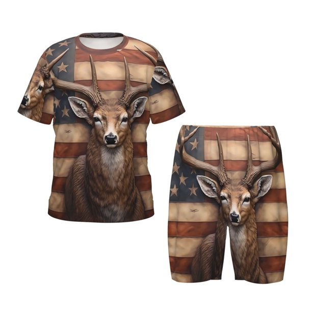 Fotbe Deer American Flag Wall Pijama Estampada de 2 Piezas para Niños – Ropa de Dormir de Manga Corta Cómoda para Niños y Niñas, Camiseta y Shorts de Algodón-Large