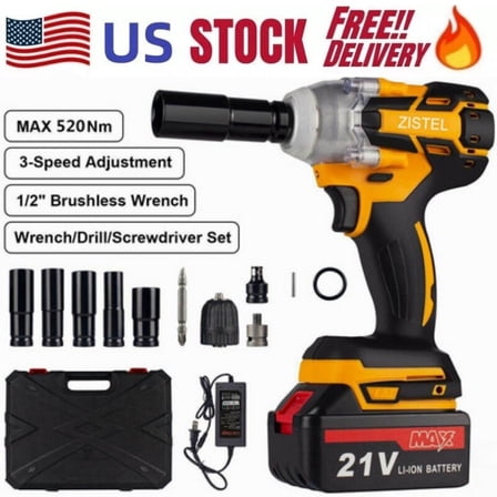 1/2" 520Nm High Torque Cordless Impact Wrench Kit 21V Brushless Drill w/ Battery