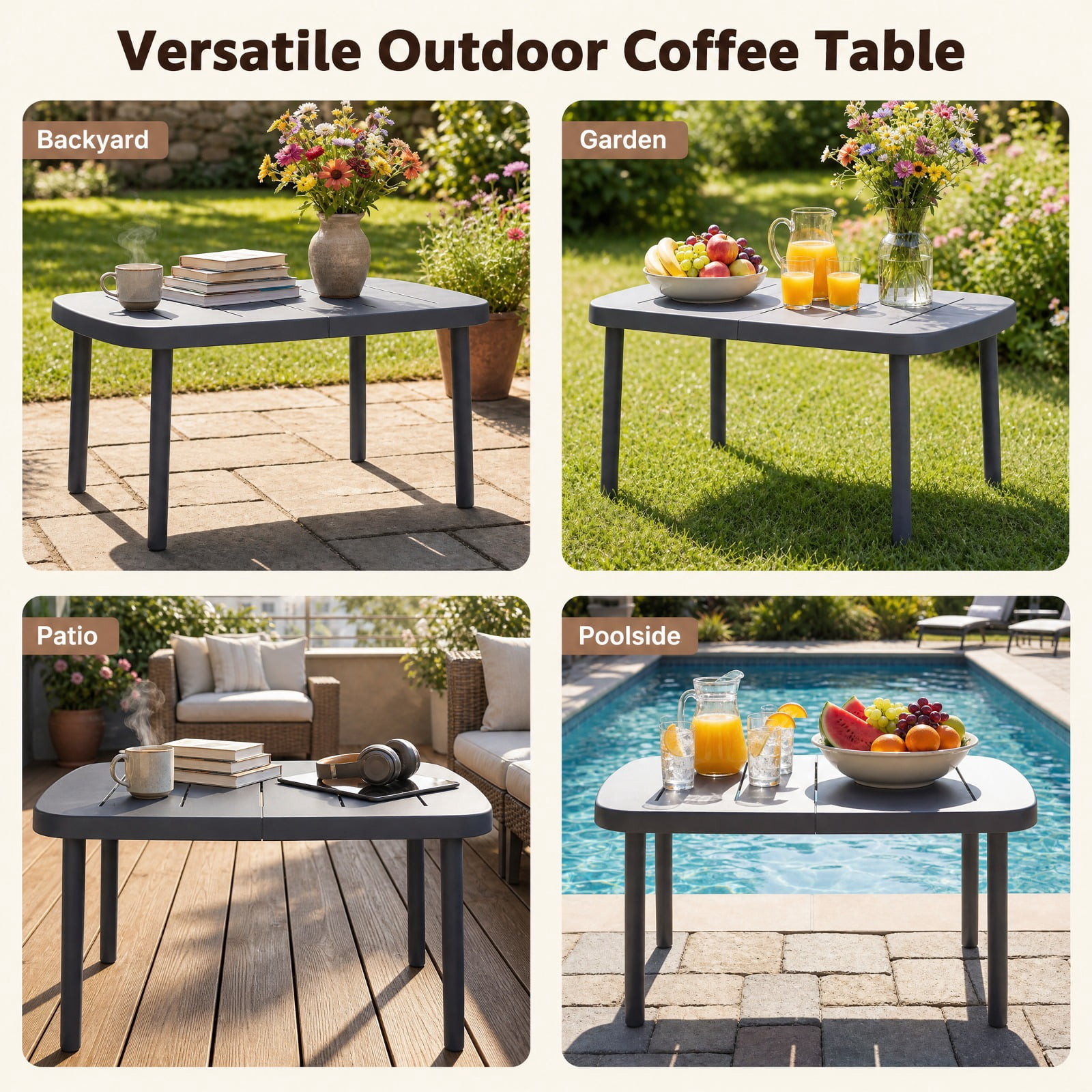 Biotree Rectangular Patio Side Table, Outdoor Storage End Table with Aluminum Alloy Rods, Waterproof Top and 110 lbs Capacity for Poolside Deck, Gray