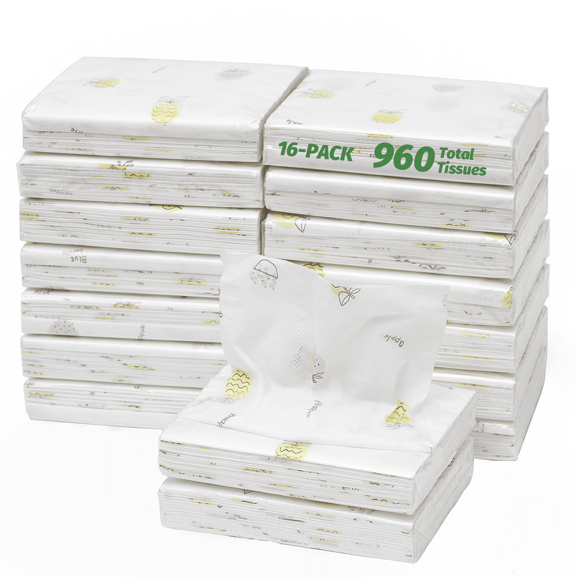 Tikysky Facial Tissues Packs, Pocket Tissues Travel Size Cute Print Designed 3 Ply Tissue for Kid School Travel Camping Office Store Car, 16 Packs of 960 Total Tissues