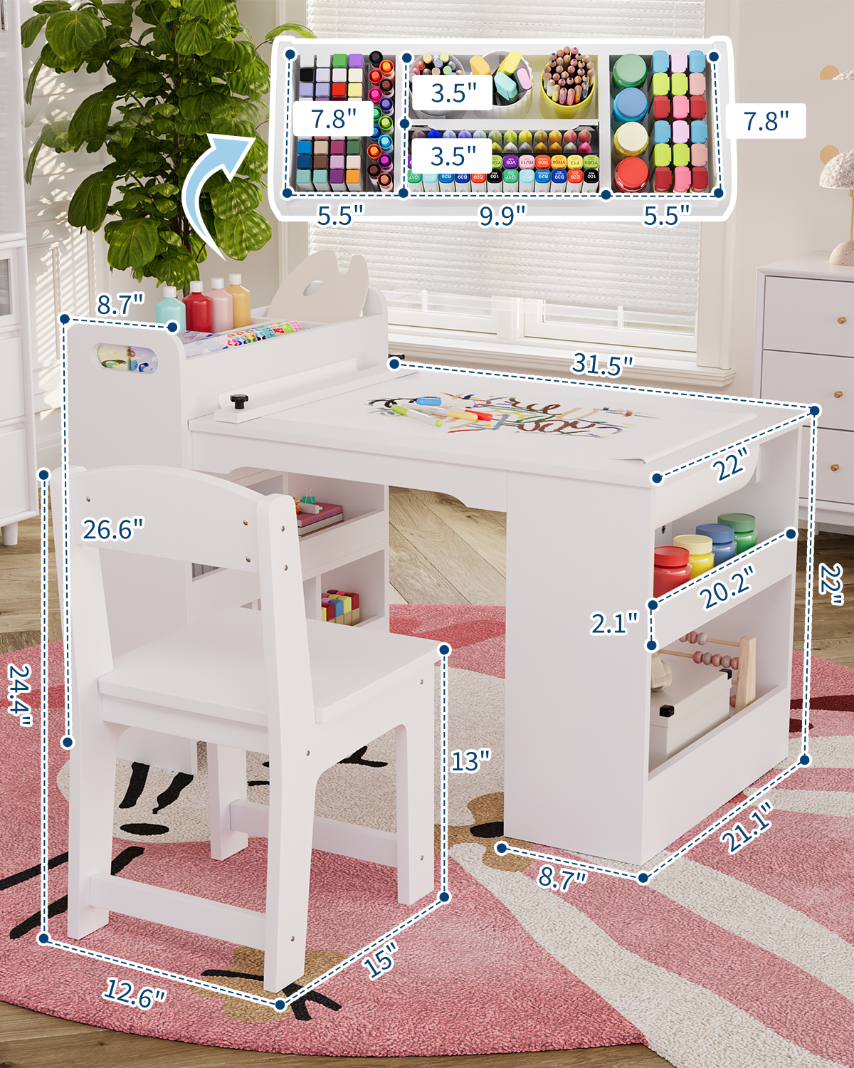 Kids Art Table and Chair Set with Storage Shelves & Paper Roll – Large Wooden Craft & Activity Desk for Drawing, Painting, Learning, Reading – 3-Piece Set – White