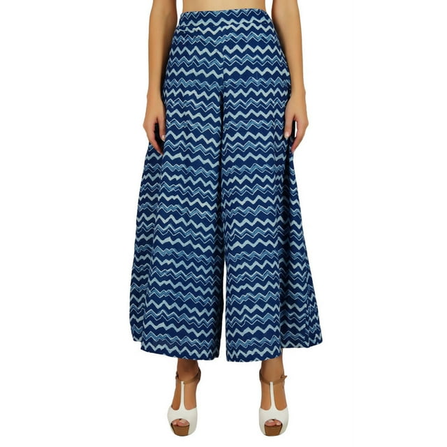 Bimba Womens Cotton Palazzo Pants Back-Elastic-Waist Hand-Blocked Designer Pajamas Blue