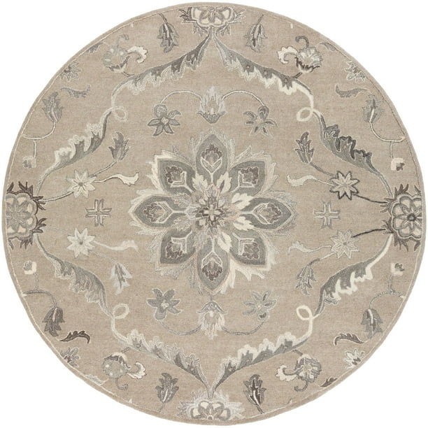 9.75' Floral Design Taupe and Charcoal Gray Round Area Throw Rug