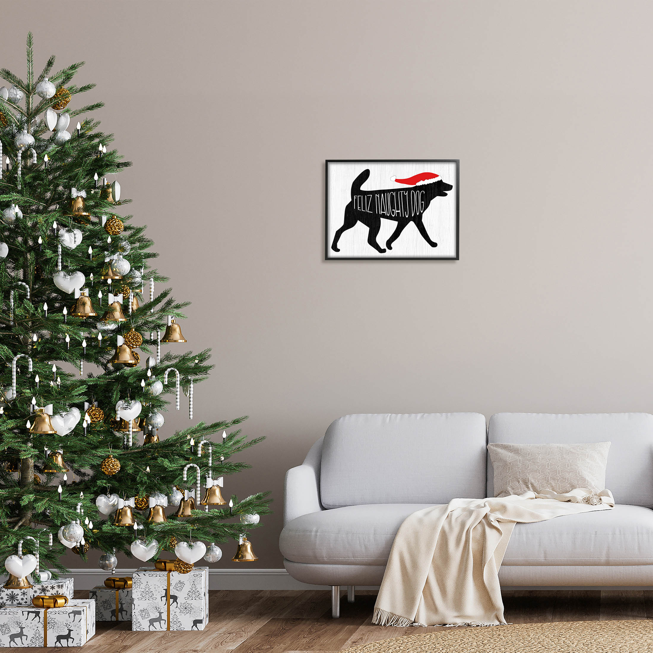 Feliz Naughty Dog Funny Pet Holiday Graphic Art Black Framed Art Print Wall Art