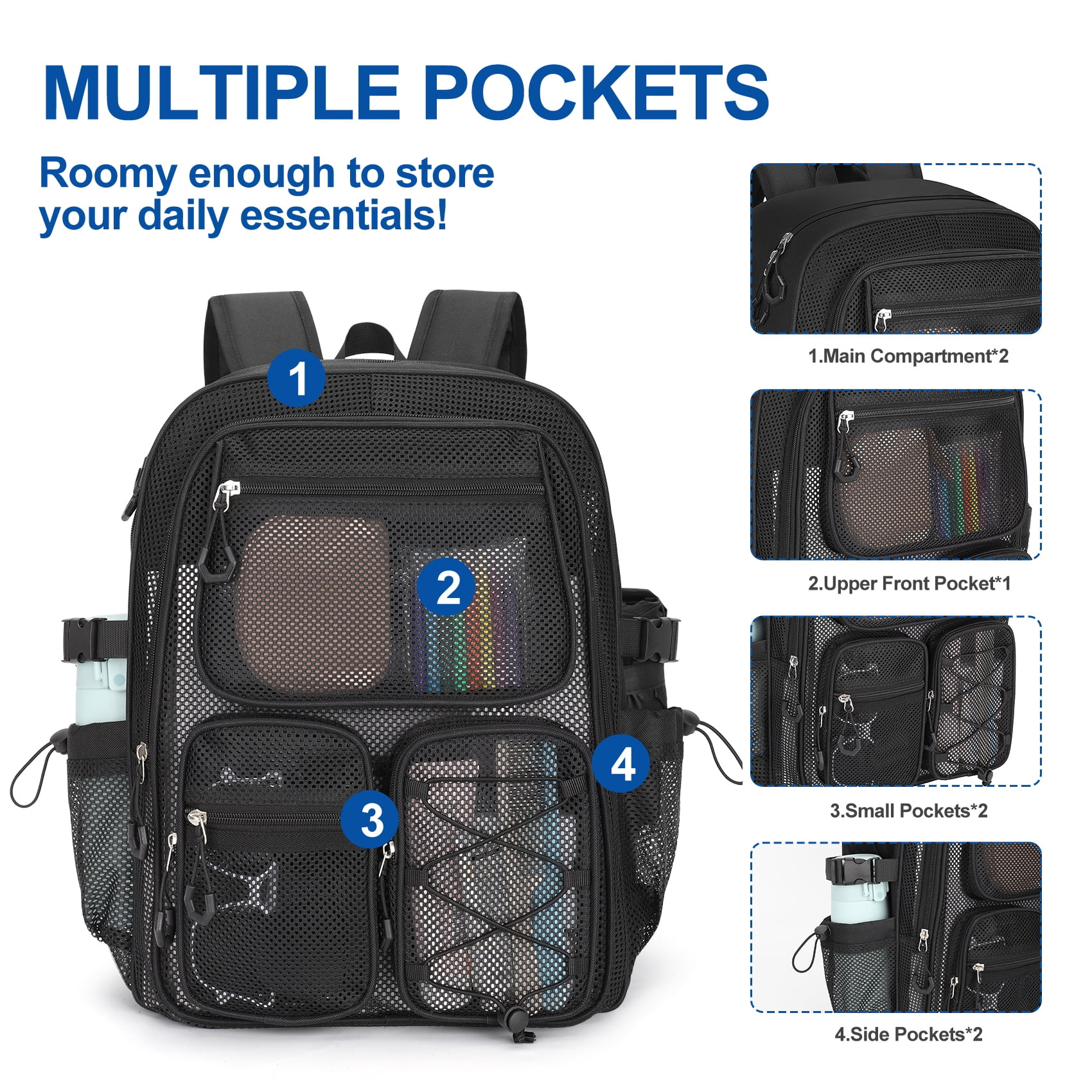 KOITHOT Mesh Backpack Heavy Duty, Stadium Approved Multi-Pocket Beach Backpacks for Adults, See Through Transparent Mesh Bookbag for School & Travel(Black)