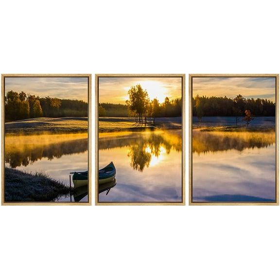 wall26 - 3 Piece Framed Canvass Wall Art - Sunrise Over The Lake with a Boat - Modern Home Art Stretched and Framed Ready to Hang - 24"x36"x3 Natural
