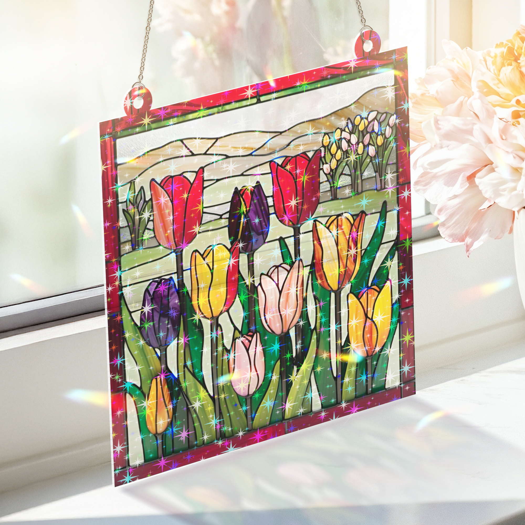 89Bloom Tulip Stained Glass Hologram Ornament, Stained Glass Suncatcher Ornaments Home Decor, Holographic Ornaments